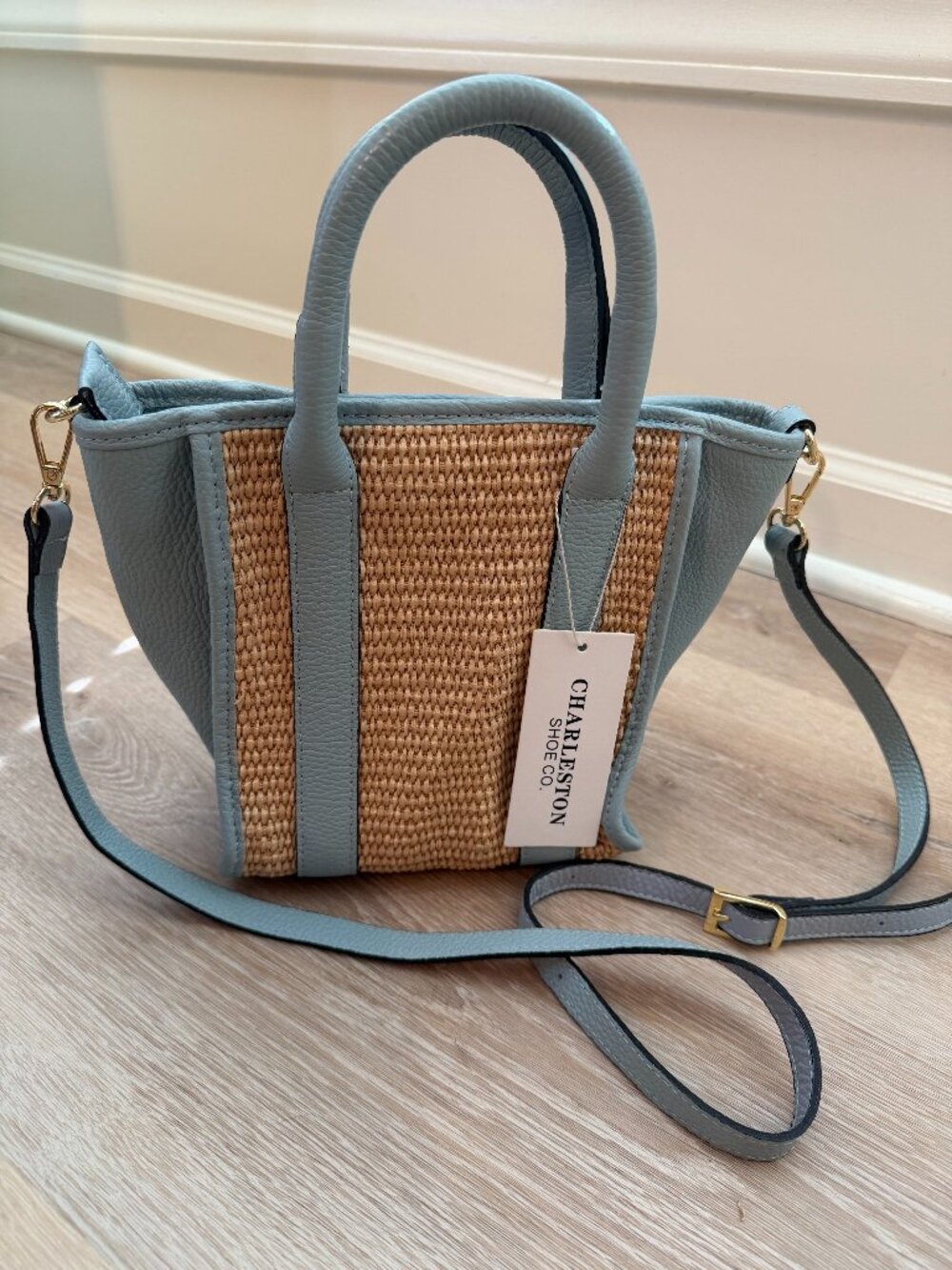 CHARLESTON SHOE CO. Straw Tote with Light Blue Trim
